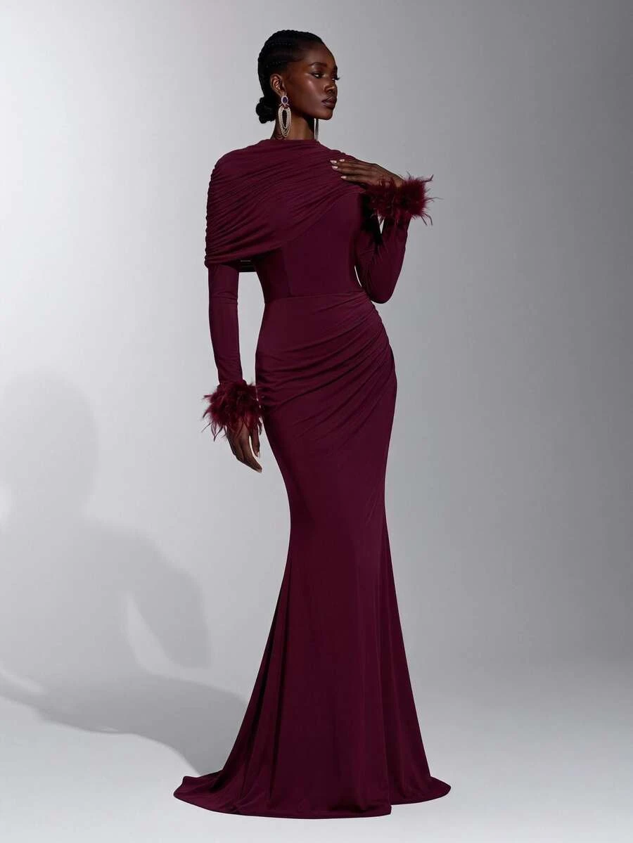 Elitara New Elegant Angora Red Mesh Long Sleeve Fluffy Ruched Fitted Bodycon Maxi Dress For Women, Wedding, Formal Occasions, Bridesmaid Dress - Burgundy - View 1