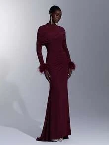 Elitara New Elegant Angora Red Mesh Long Sleeve Fluffy Ruched Fitted Bodycon Maxi Dress For Women, Wedding, Formal Occasions, Bridesmaid Dress - Burgundy - View 6