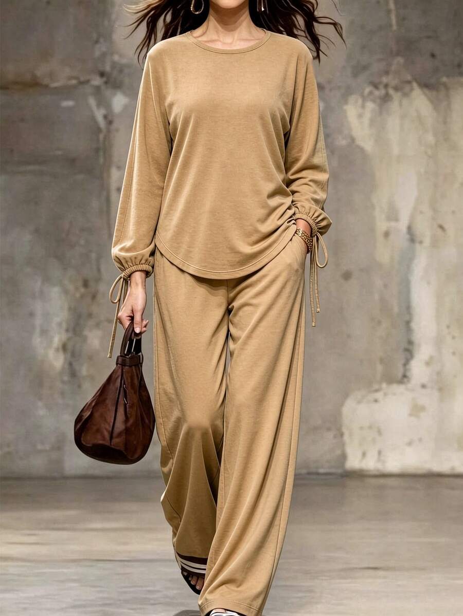 Breezaya Celana Rajut Lurus Model Longgar Leher Bulat Warna Cokelat Muda Musim Gugur/Dingin, Lengan Lentera Panjang dengan Hiasan Pita Tali Serut, Pakaian Santai Kasual - Khaki - View 1