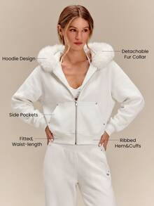 GLOWMODE Cozy Street Collection Everyday Fleece Arctic Glow Fitted Waist-Length Hoodie With Detachable Fur Collar & Two-Way Zip Daily Casual Fall Winter Wear - White - View 2