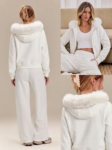 GLOWMODE Cozy Street Collection Everyday Fleece Arctic Glow Fitted Waist-Length Hoodie With Detachable Fur Collar & Two-Way Zip Daily Casual Fall Winter Wear - White - View 9