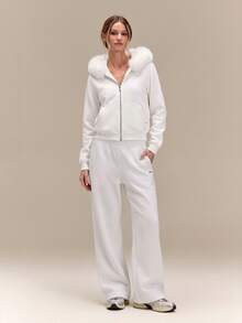 GLOWMODE Cozy Street Collection Everyday Fleece Arctic Glow Fitted Waist-Length Hoodie With Detachable Fur Collar & Two-Way Zip Daily Casual Fall Winter Wear - White - View 8