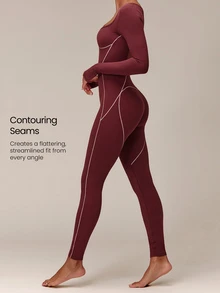 GLOWMODE Bodysuit Kontur FeatherFit™ Keep Glowing 28" dengan Blok Warna, Bagian Belakang Berlubang & Lubang Jempol, Cocok untuk Yoga, Pilates, Studio, dan Aktivitas Sehari-hari. - Burgundy - View 5