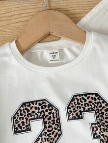 THE HAPPY LOOK Young Girl Leopard Print Numeric Pattern Knit Soft Round Neck Short Sleeve T-Shirt And Elastic Waist Shorts 2-Piece Set - Multicolor - View 3