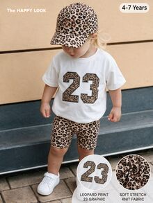 THE HAPPY LOOK Young Girl Leopard Print Numeric Pattern Knit Soft Round Neck Short Sleeve T-Shirt And Elastic Waist Shorts 2-Piece Set - Multicolor - View 1
