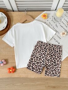 THE HAPPY LOOK Young Girl Leopard Print Numeric Pattern Knit Soft Round Neck Short Sleeve T-Shirt And Elastic Waist Shorts 2-Piece Set - Multicolor - View 2