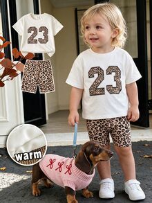 THE HAPPY LOOK Young Girl Leopard Print Numeric Pattern Knit Soft Round Neck Short Sleeve T-Shirt And Elastic Waist Shorts 2-Piece Set - Multicolor - View 5