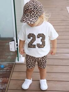 THE HAPPY LOOK Young Girl Leopard Print Numeric Pattern Knit Soft Round Neck Short Sleeve T-Shirt And Elastic Waist Shorts 2-Piece Set - Multicolor - View 7
