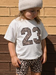 THE HAPPY LOOK Young Girl Leopard Print Numeric Pattern Knit Soft Round Neck Short Sleeve T-Shirt And Elastic Waist Shorts 2-Piece Set - Multicolor - View 6