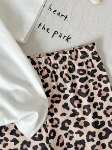 THE HAPPY LOOK Young Girl Leopard Print Numeric Pattern Knit Soft Round Neck Short Sleeve T-Shirt And Elastic Waist Shorts 2-Piece Set - Multicolor - View 4