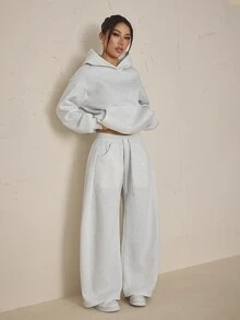 SHEIN PETITE Women's Solid Color Drop Shoulder Long Sleeve Pocket Hooded Sweatshirt And Sweatpants Casual 2 Pieces Set - Grey - View 7
