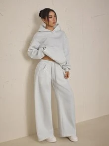 SHEIN PETITE Women's Solid Color Drop Shoulder Long Sleeve Pocket Hooded Sweatshirt And Sweatpants Casual 2 Pieces Set - Grey - View 10