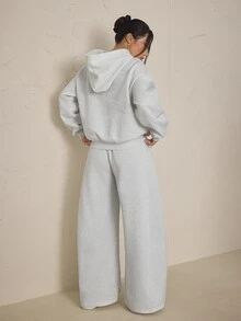 SHEIN PETITE Women's Solid Color Drop Shoulder Long Sleeve Pocket Hooded Sweatshirt And Sweatpants Casual 2 Pieces Set - Grey - View 2