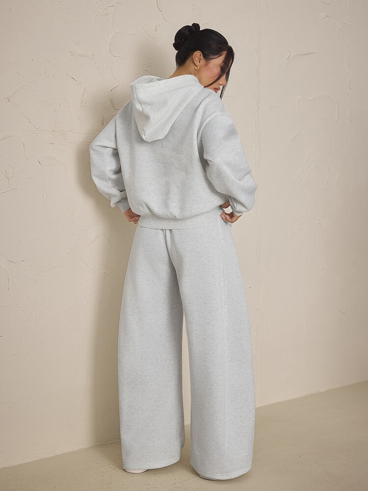 SHEIN PETITE 女款純色落肩長袖口袋連帽衛衣與運動長褲休閒兩件套 - 灰色 - 查看 2