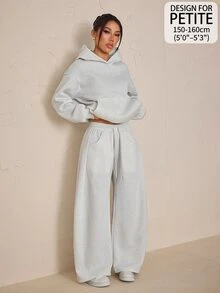 SHEIN PETITE Women's Solid Color Drop Shoulder Long Sleeve Pocket Hooded Sweatshirt And Sweatpants Casual 2 Pieces Set - Grey - View 9