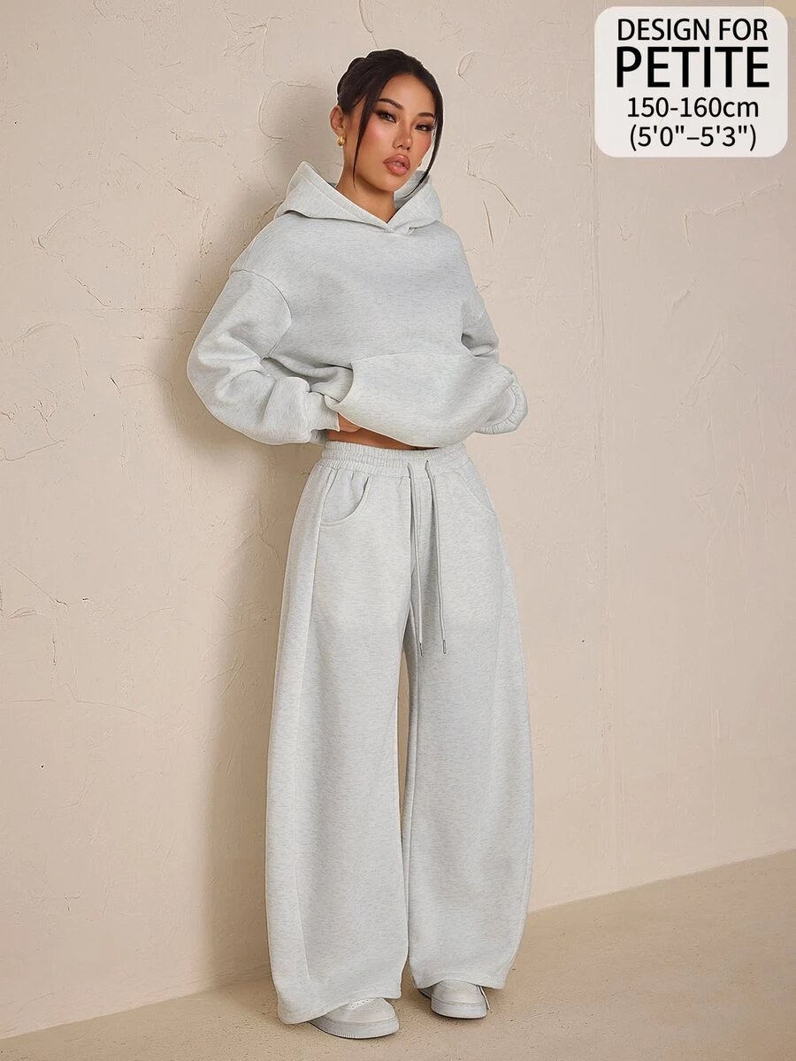 SHEIN PETITE Women's Solid Color Drop Shoulder Long Sleeve Pocket Hooded Sweatshirt And Sweatpants Casual 2 Pieces Set - Grey - View 1