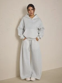 SHEIN PETITE Women's Solid Color Drop Shoulder Long Sleeve Pocket Hooded Sweatshirt And Sweatpants Casual 2 Pieces Set - Grey - View 3