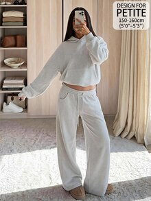 SHEIN PETITE Women's Solid Color Drop Shoulder Long Sleeve Pocket Hooded Sweatshirt And Sweatpants Casual 2 Pieces Set - Grey - View 1