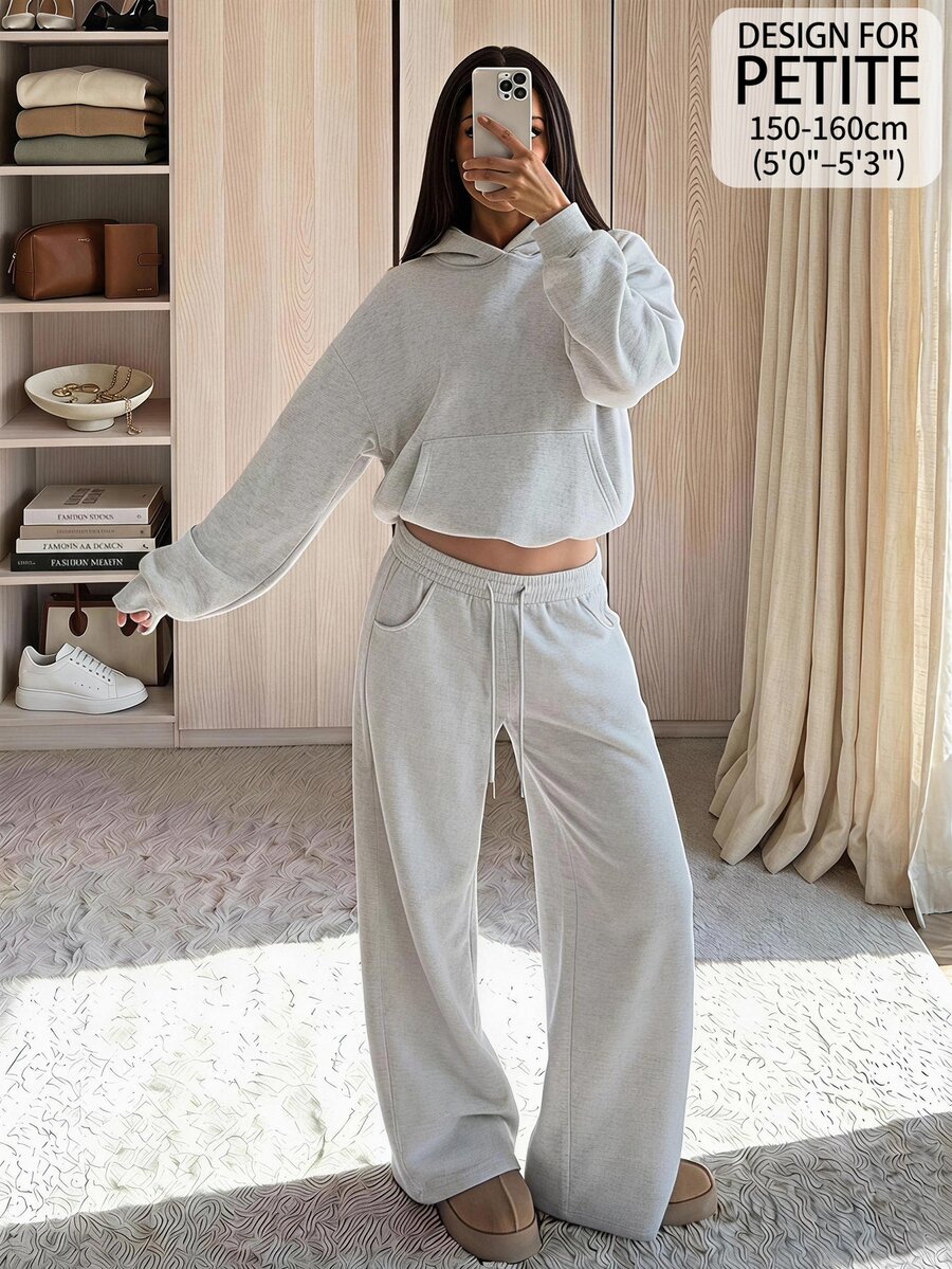 SHEIN PETITE Women's Solid Color Drop Shoulder Long Sleeve Pocket Hooded Sweatshirt And Sweatpants Casual 2 Pieces Set - Grey - View 1