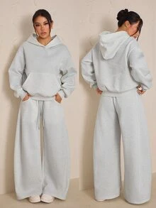 SHEIN PETITE Women's Solid Color Drop Shoulder Long Sleeve Pocket Hooded Sweatshirt And Sweatpants Casual 2 Pieces Set - Grey - View 8