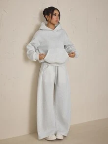 SHEIN PETITE Women's Solid Color Drop Shoulder Long Sleeve Pocket Hooded Sweatshirt And Sweatpants Casual 2 Pieces Set - Grey - View 5