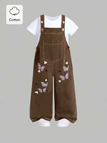 SHEIN Celana Panjang Denim Kasual Musim Panas Gaya Baru Lucu dan Ceria dengan Motif Kupu-kupu Cetak Digital dan Kancing Logam, Suspender, Cocok untuk Anak Perempuan Remaja. Cocok untuk Musim Kembali ke Sekolah, Musim Panas, Manis, Ceria, Elegan, untuk Aktivitas Sehari-hari, Pergi ke Sekolah, Pesta, dan Foto. - Coklat - View 5