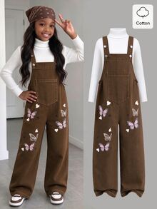 SHEIN Celana Panjang Denim Kasual Musim Panas Gaya Baru Lucu dan Ceria dengan Motif Kupu-kupu Cetak Digital dan Kancing Logam, Suspender, Cocok untuk Anak Perempuan Remaja. Cocok untuk Musim Kembali ke Sekolah, Musim Panas, Manis, Ceria, Elegan, untuk Aktivitas Sehari-hari, Pergi ke Sekolah, Pesta, dan Foto. - Coklat - View 4