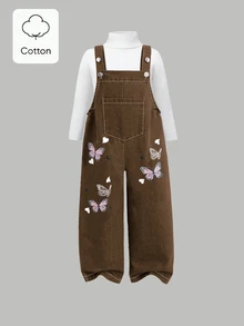 SHEIN Celana Panjang Denim Kasual Musim Panas Gaya Baru Lucu dan Ceria dengan Motif Kupu-kupu Cetak Digital dan Kancing Logam, Suspender, Cocok untuk Anak Perempuan Remaja. Cocok untuk Musim Kembali ke Sekolah, Musim Panas, Manis, Ceria, Elegan, untuk Aktivitas Sehari-hari, Pergi ke Sekolah, Pesta, dan Foto. - Coklat - View 10