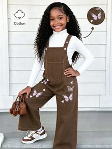 SHEIN Celana Panjang Denim Kasual Musim Panas Gaya Baru Lucu dan Ceria dengan Motif Kupu-kupu Cetak Digital dan Kancing Logam, Suspender, Cocok untuk Anak Perempuan Remaja. Cocok untuk Musim Kembali ke Sekolah, Musim Panas, Manis, Ceria, Elegan, untuk Aktivitas Sehari-hari, Pergi ke Sekolah, Pesta, dan Foto. - Coklat - View 1