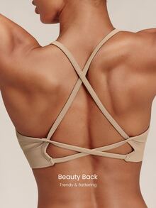 GLOWMODE Seamless Cross The Line Sports Bra With Double Cross-Back Design & Removable Cups Low Impact Yoga Pilates Studio Active Wear - Khaki - View 3