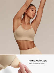 GLOWMODE Seamless Cross The Line Sports Bra With Double Cross-Back Design & Removable Cups Low Impact Yoga Pilates Studio Active Wear - Khaki - View 2