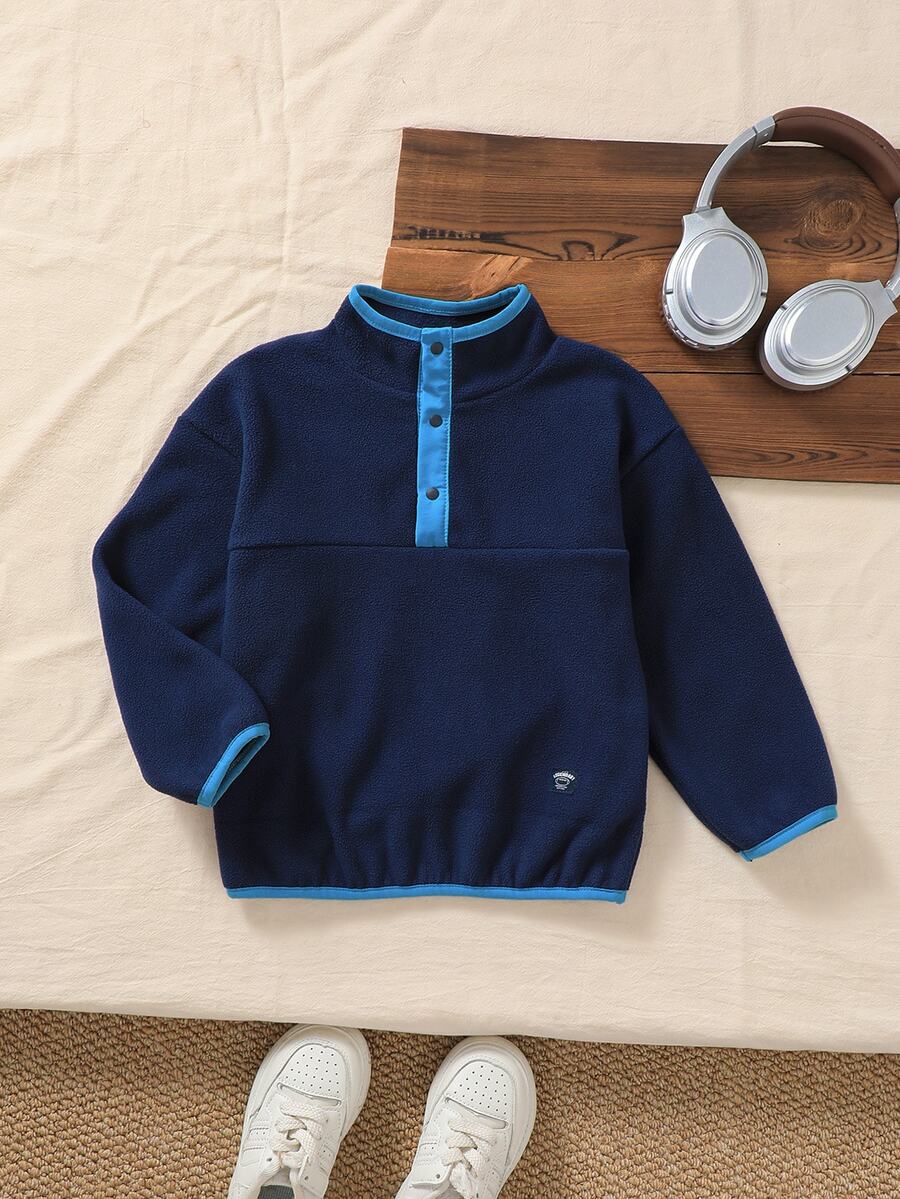 Genkimix Kids Little Boy's Light Green Textured Stand Collar Sweatshirt, Long Sleeve Half-Button Front, Playful Design Autumn Fall - Blue - View 1