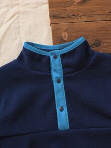 Genkimix Kids Little Boy's Light Green Textured Stand Collar Sweatshirt, Long Sleeve Half-Button Front, Playful Design Autumn Fall - Blue - View 6