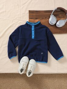 Genkimix Kids Little Boy's Light Green Textured Stand Collar Sweatshirt, Long Sleeve Half-Button Front, Playful Design Autumn Fall - Blue - View 7