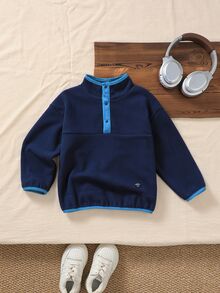 Genkimix Kids Little Boy's Light Green Textured Stand Collar Sweatshirt, Long Sleeve Half-Button Front, Playful Design Autumn Fall - Blue - View 4