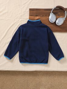 Genkimix Kids Little Boy's Light Green Textured Stand Collar Sweatshirt, Long Sleeve Half-Button Front, Playful Design Autumn Fall - Blue - View 2