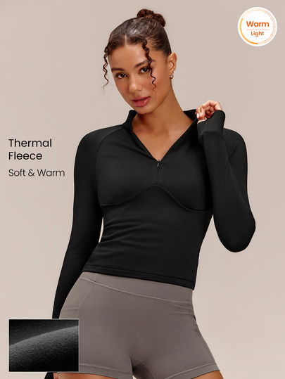GLOWMODE FeatherFit™-Warm Cozy Runs Slim-Fit Half-Zip Jacket With Thumbholes & Contour Seams Yoga Pilates Studio Gym Fitness Workout Daily Fall Winter Wear