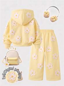 2pcs/Set Baby Girl Floral Print Zipper Hoodie & Pants Set, Cute Daisy Yellow Autumn/Winter 2 Pieces Sportswear - Multicolor - View 2