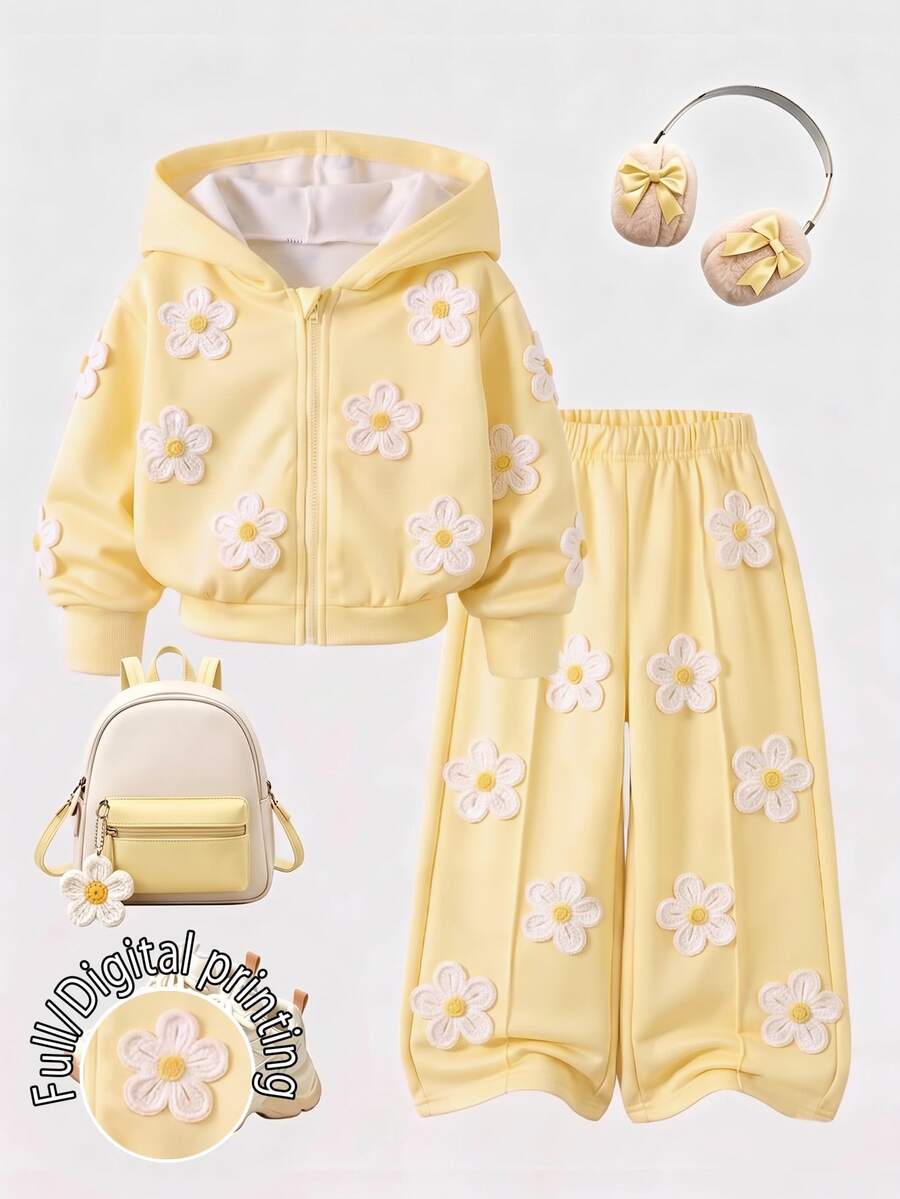 2pcs/Set Baby Girl Floral Print Zipper Hoodie & Pants Set, Cute Daisy Yellow Autumn/Winter 2 Pieces Sportswear - Multicolor - View 1