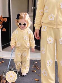 2pcs/Set Baby Girl Floral Print Zipper Hoodie & Pants Set, Cute Daisy Yellow Autumn/Winter 2 Pieces Sportswear - Multicolor - View 3