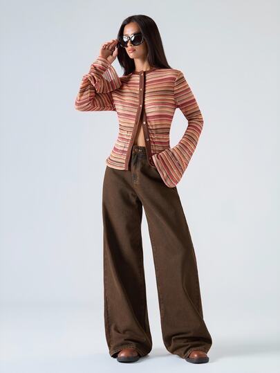 LYSMO Women's Brown Stripe Long Sleeve Single-Breasted Crochet T-Shirt,90s Retro Round Neck Casual Top For Autumn,Everyday,Back To School,BOHO Y2K Style