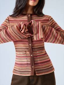 LYSMO Women's Brown Stripe Long Sleeve Single-Breasted Crochet T-Shirt,90s Retro Round Neck Casual Top For Autumn,Everyday,Back To School,BOHO Y2K Style - Multicolor - View 6