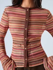 LYSMO Women's Brown Stripe Long Sleeve Single-Breasted Crochet T-Shirt,90s Retro Round Neck Casual Top For Autumn,Everyday,Back To School,BOHO Y2K Style - Multicolor - View 5