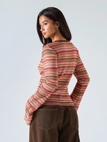 LYSMO Women's Brown Stripe Long Sleeve Single-Breasted Crochet T-Shirt,90s Retro Round Neck Casual Top For Autumn,Everyday,Back To School,BOHO Y2K Style - Multicolor - View 2