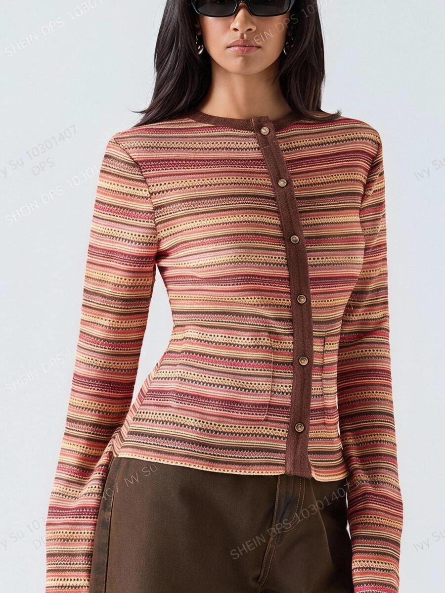 LYSMO Women's Brown Stripe Long Sleeve Single-Breasted Crochet T-Shirt,90s Retro Round Neck Casual Top For Autumn,Everyday,Back To School,BOHO Y2K Style - Multicolor - View 1