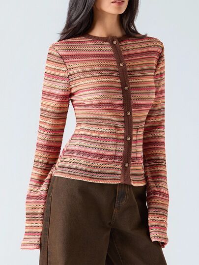 LYSMO Women's Brown Stripe Long Sleeve Single-Breasted Crochet T-Shirt,90s Retro Round Neck Casual Top For Autumn,Everyday,Back To School,BOHO Y2K Style