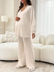 Slowluna Maternity Solid Color Contrast Lace Cami Top And Adjustable Waist Long Pants Casual 2-Piece Set Fall - Apricot - View 4