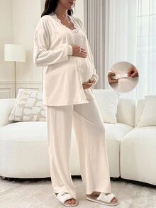 Slowluna Maternity Solid Color Contrast Lace Cami Top And Adjustable Waist Long Pants Casual 2-Piece Set Fall - Apricot - View 2