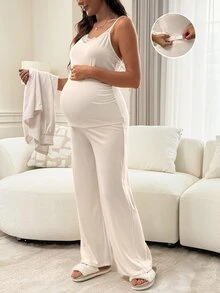 Slowluna Maternity Solid Color Contrast Lace Cami Top And Adjustable Waist Long Pants Casual 2-Piece Set Fall - Apricot - View 5