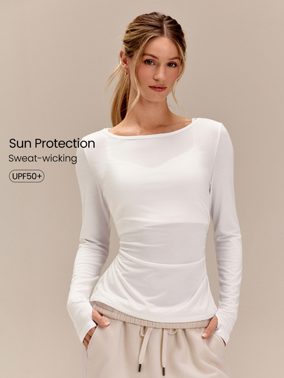 GLOWMODE Sun-Protective Everyday Ease Slim Fit Long-Sleeve Top With Side Ruching & Thumbholes Daily Casual Outdoor Fall Winter Wear